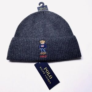 NWT 🧸Ralph Lauren AMERICAN 🇺🇸 POLO BEAR KNIT Wool Blend Beanie Dark Heather Gray